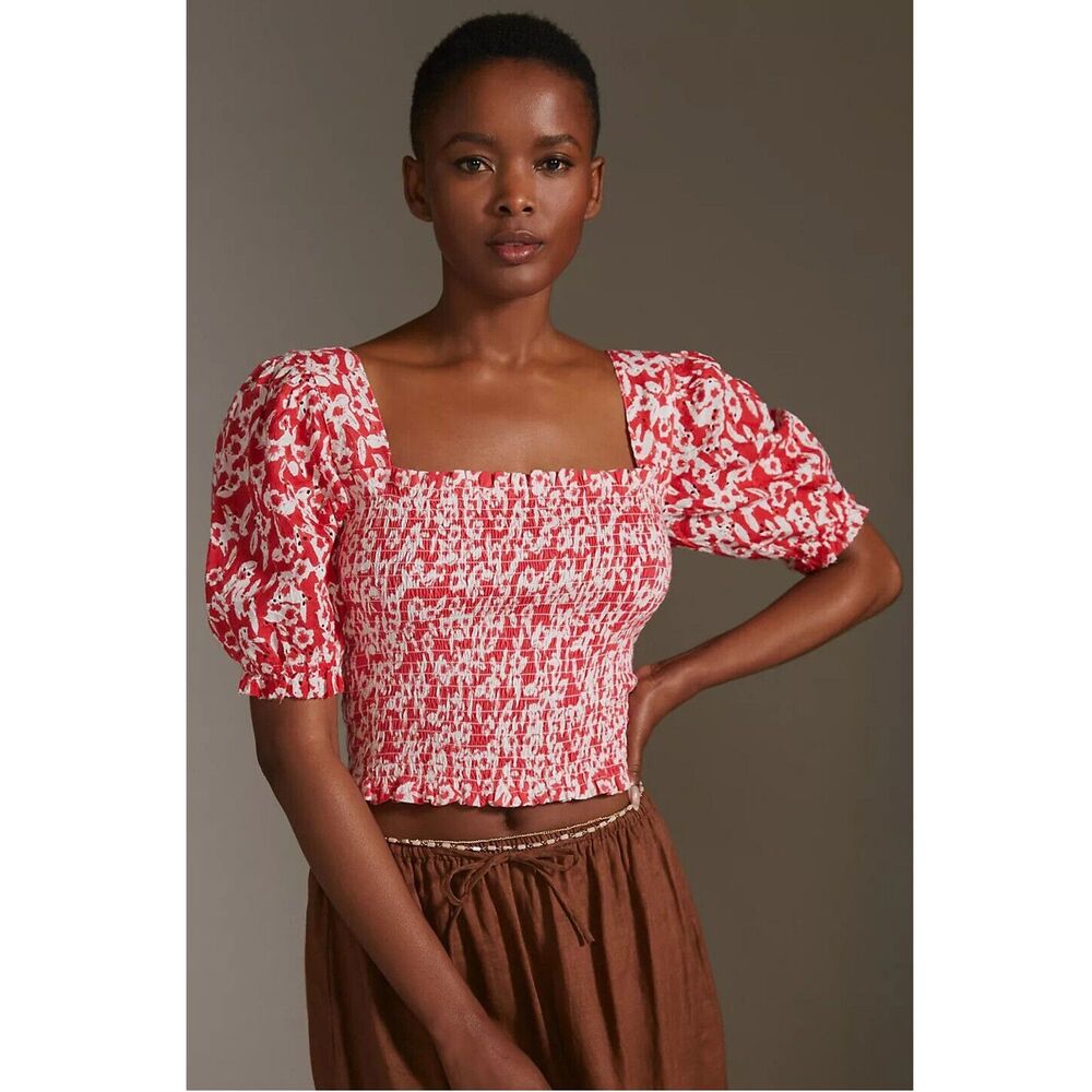 Anthropologie Smocked Eyelet Cropped Blouse Top XXS